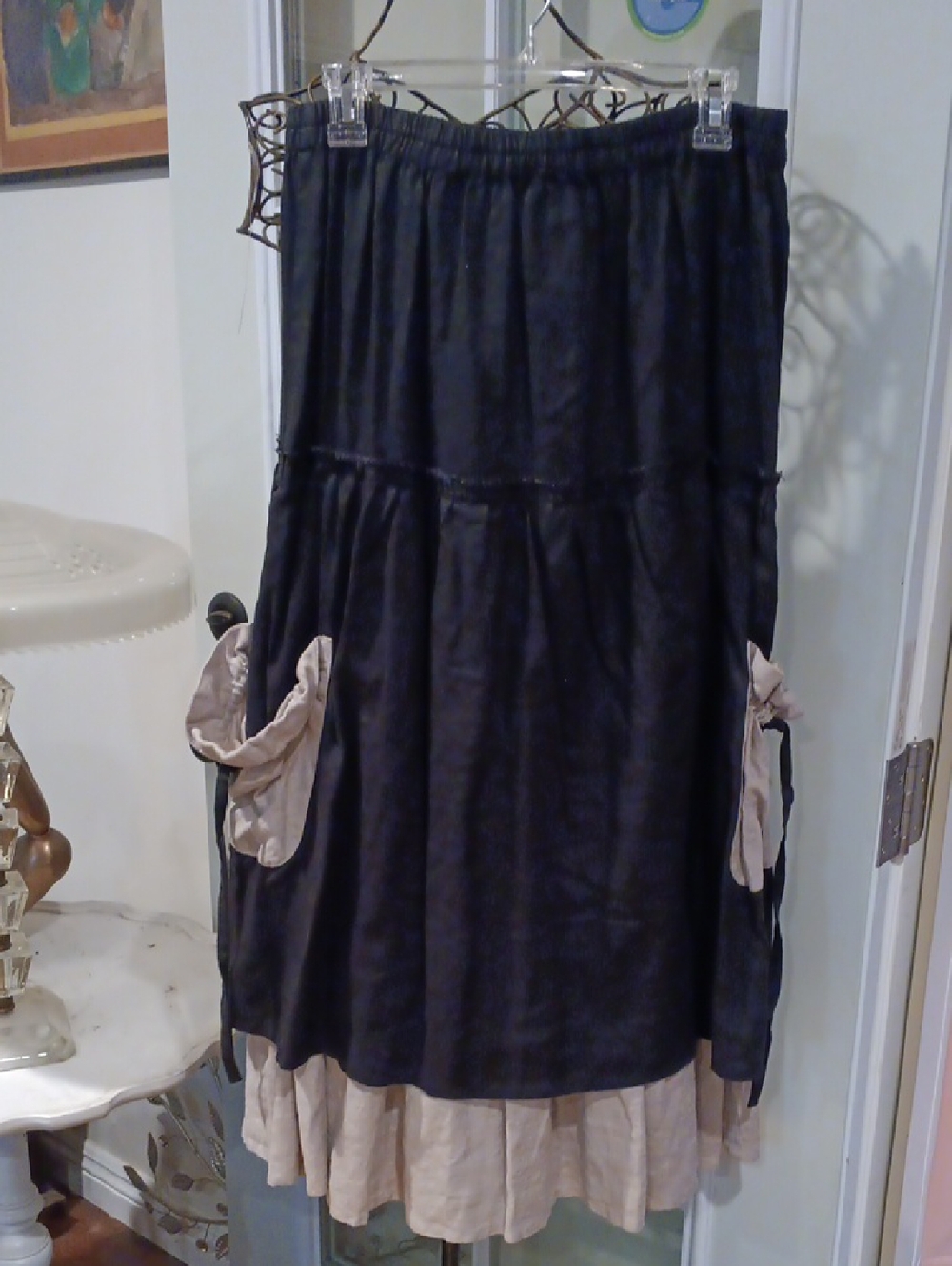 Black Tiered Linen Skirt with Cream Under Layer- Women's